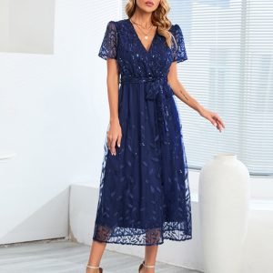 Women Summer Embroidered Bright V Neck Short Sleeve Midi Party Dresses With Belt/1-1-1-1-1